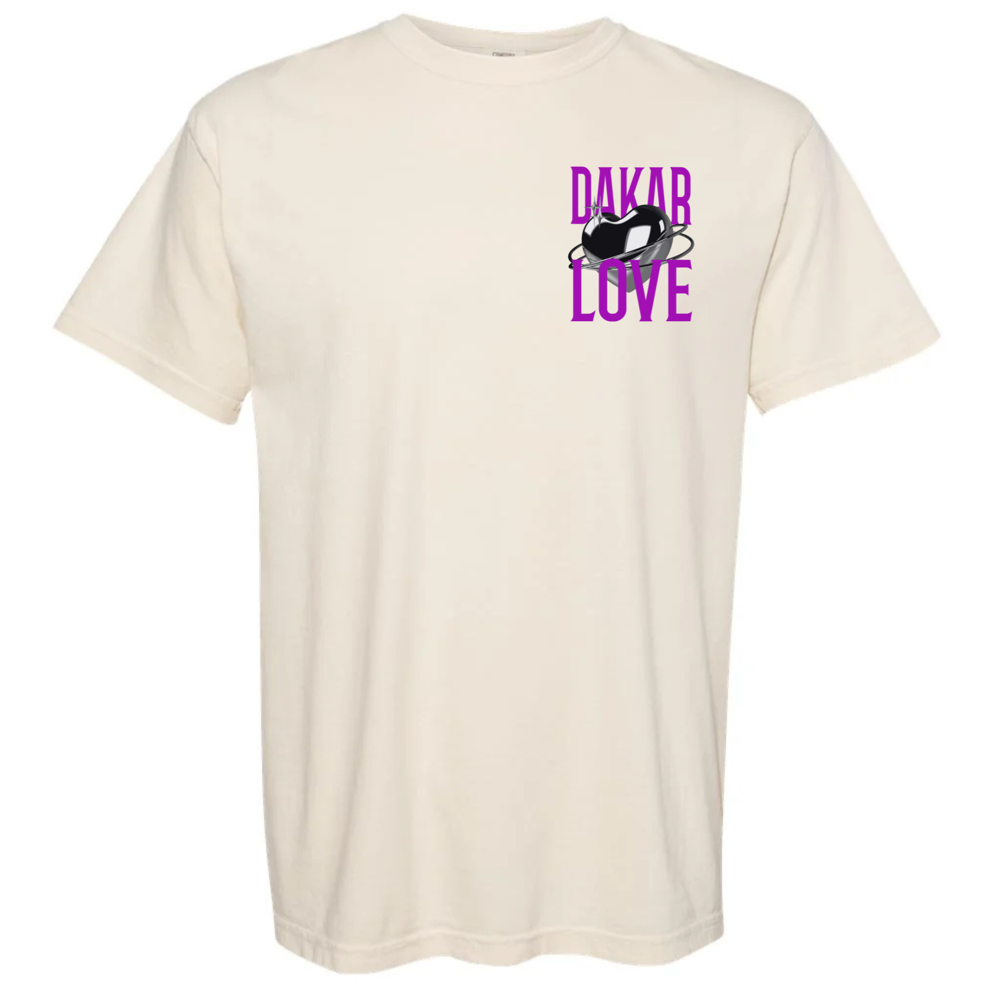 Beige t-shirt with 'Dakar Love' text and graphic on a white background