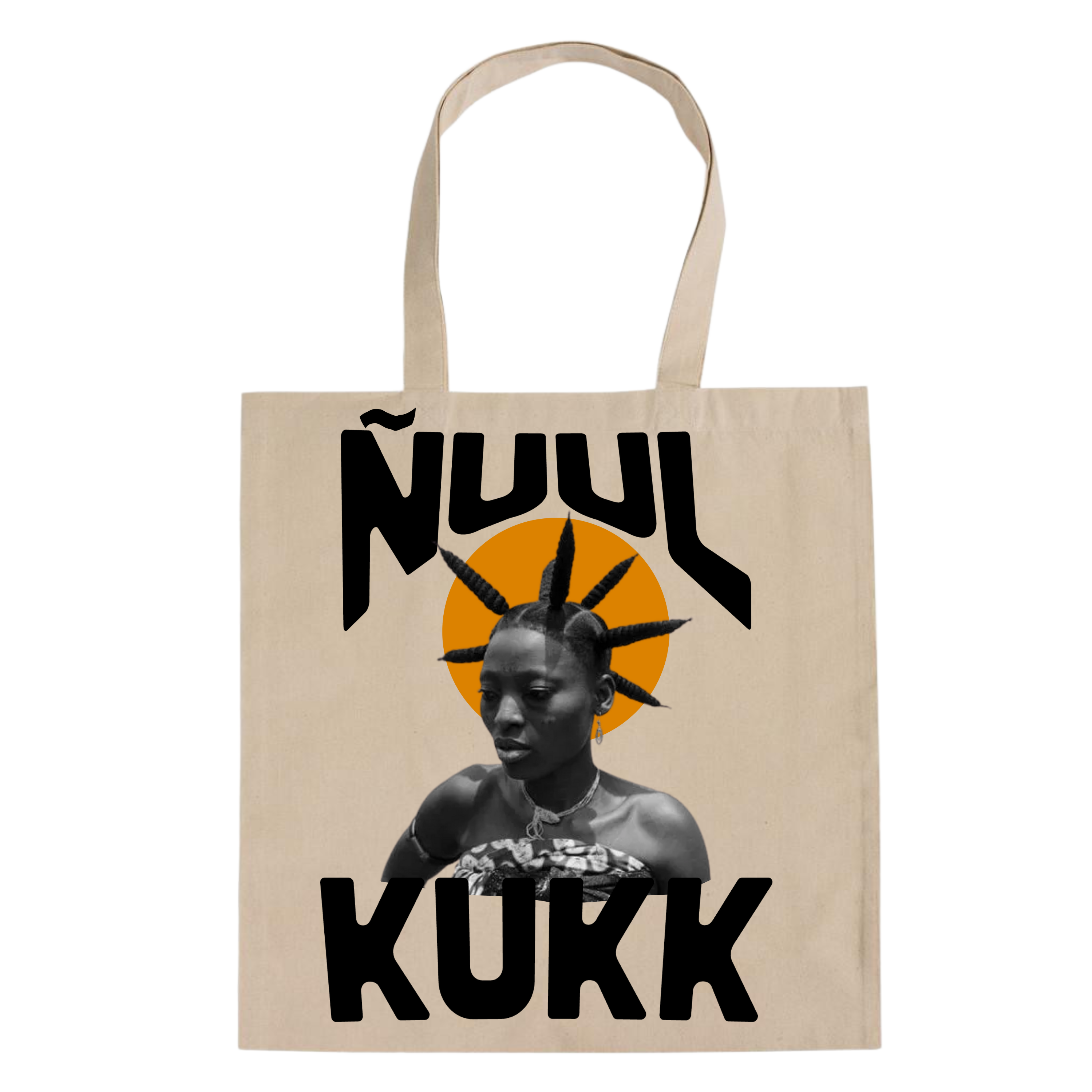 Beige tote bag with a graphic design of a woman's face, sun, and text on a white background
