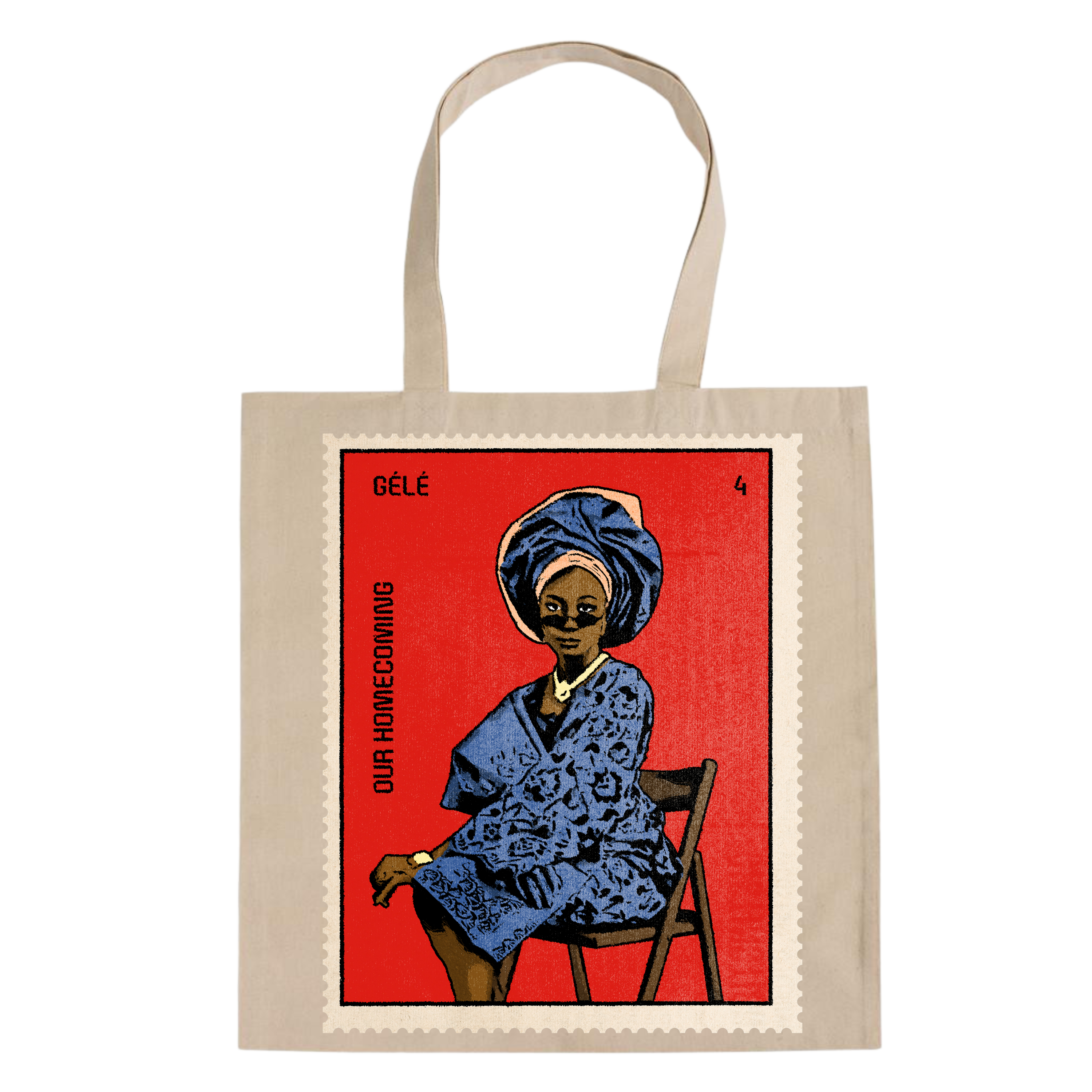 Tote bag with a graphic of a woman in a blue dress and headscarf on a red background, with text 'Gélé' and 'Our Homecoming'.