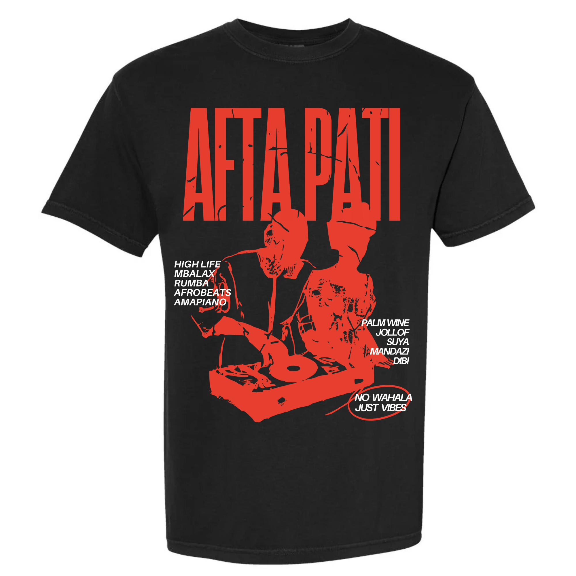 Black t-shirt with red and white graphic design featuring two people at a turntable and the text 'Afta Pati'.